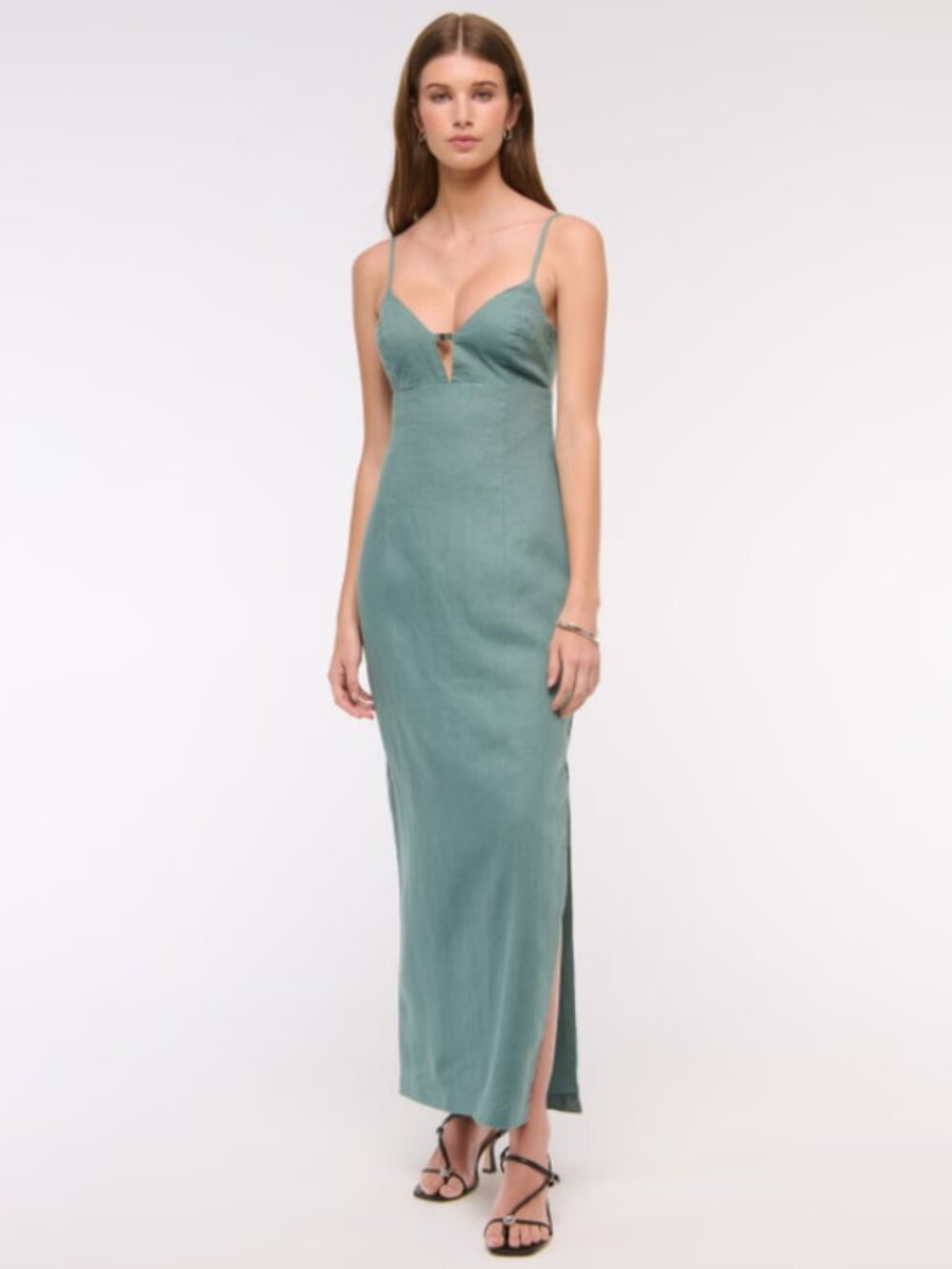 Abercrombie & Fitch Linen Cutout Midi Dress in Deep Sage NEW